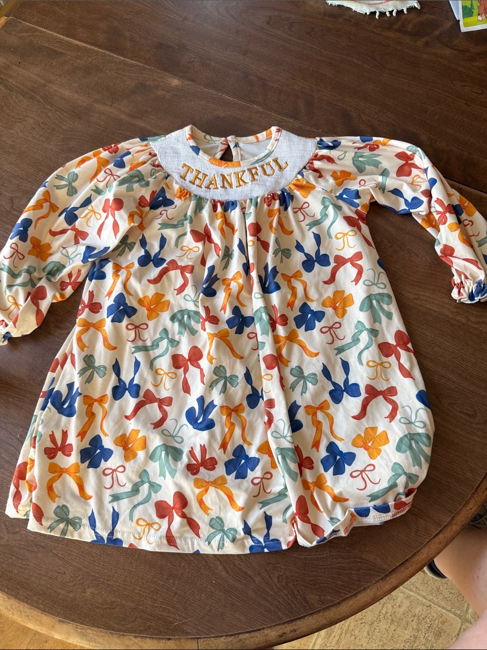 Thankful Bow-Print Long Sleeve Kids Dress - Cream